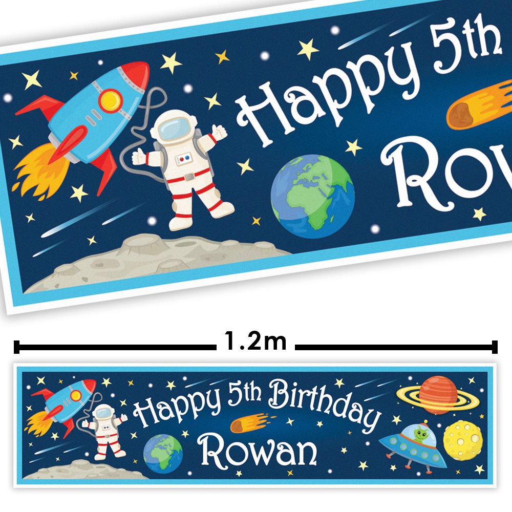 Space-themed birthday banner with astronaut, rockets, and planets on a blue background.