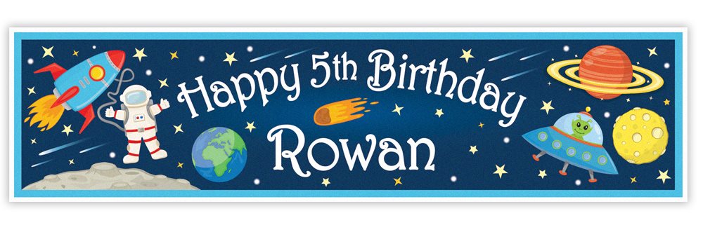 Space-themed birthday banner with astronaut, rocket, and planets on a blue background