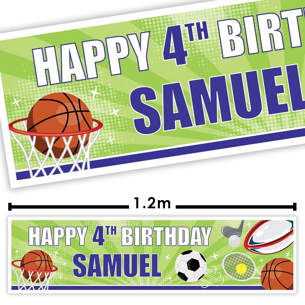 Birthday banner with sports-themed design and text 'Happy 4th Birthday Samuel' on a green background.