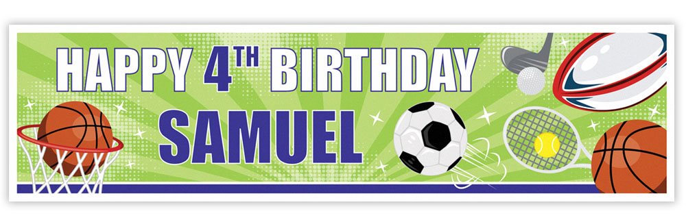 Birthday banner with sports-themed graphics and 'Happy 4th Birthday Samuel' text.