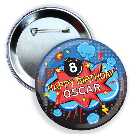 Button badge with 'Happy Birthday Oscar' text and number 8 on a colorful background