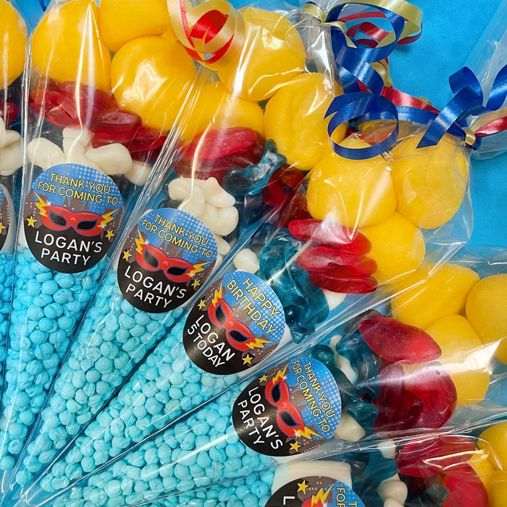 Pre filled sweet cones party favours with personalised birthday stickers