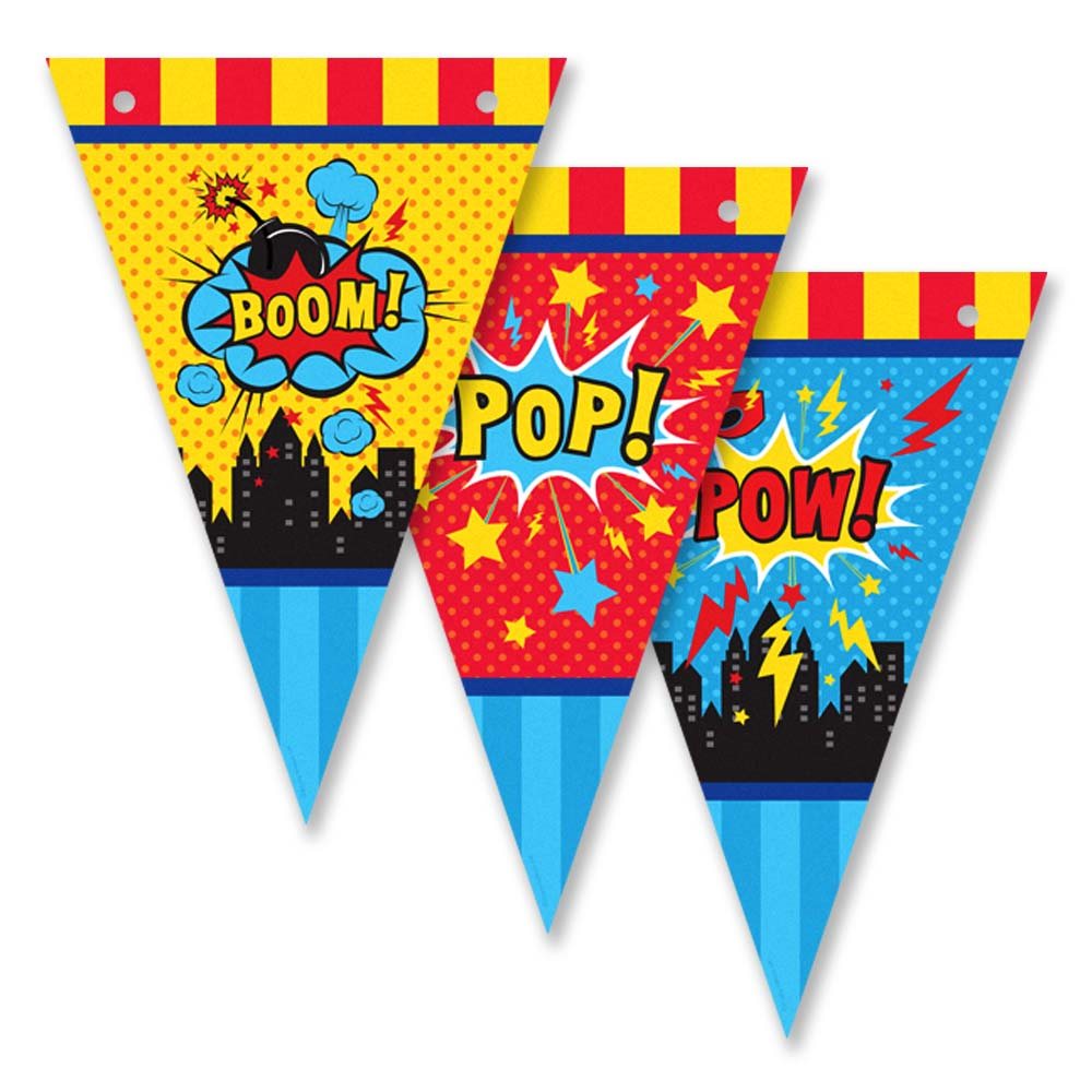 Superhero-themed party flags with 'BOOM!', 'POP!', and 'POW!' designs on a white background.