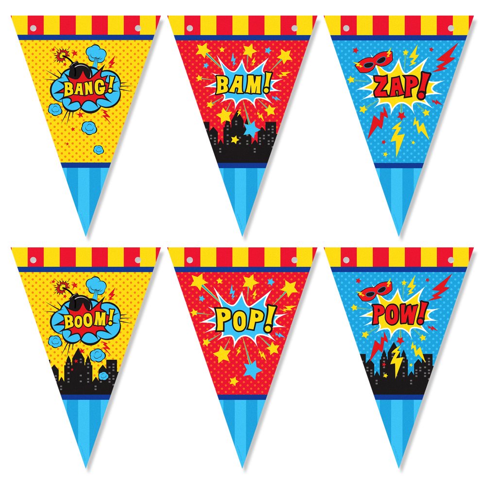 Superhero-themed party flags with colorful designs and action words on a white background.