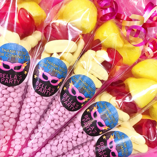 Pre filled sweet cones party favours with personalised birthday stickers