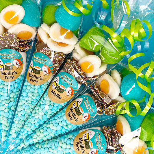 Decorative sweet cones with personalised labels in a clear package.