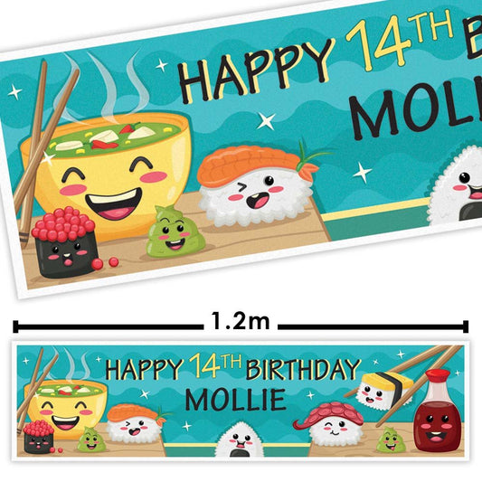 Birthday banner with cartoon sushi characters and text 'Happy 14th Birthday Mollie' on a blue background.