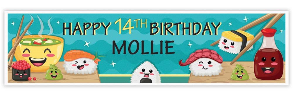 Birthday banner with cartoon sushi characters and text for a 14th birthday celebration.