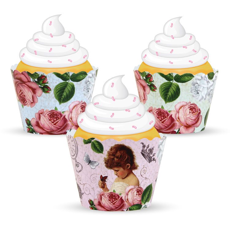 Three decorative cupcake wrappers with floral and vintage designs on a white background
