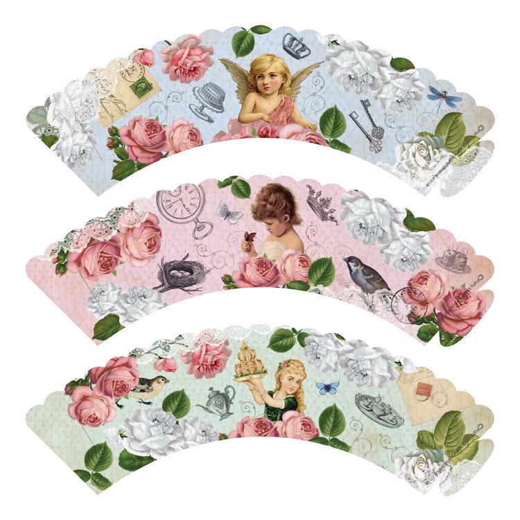 Decorative paper fans with fairy and floral designs on a white background