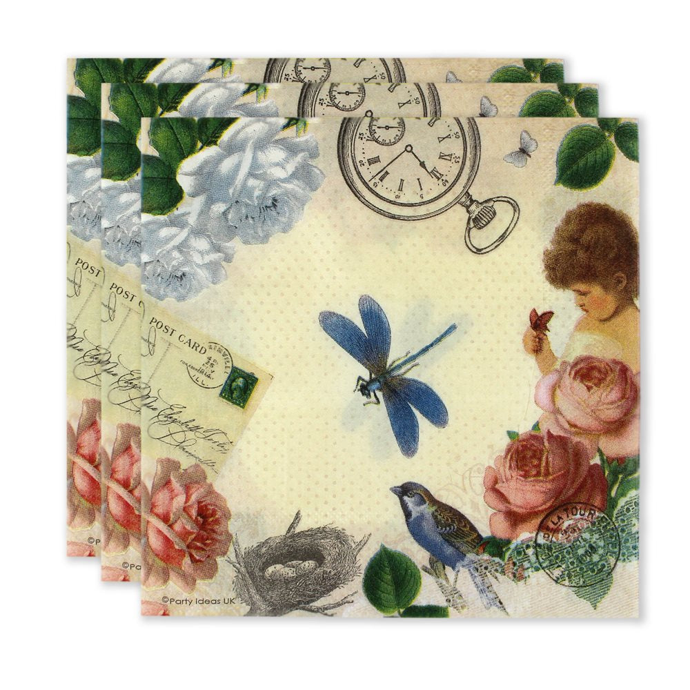 Set of vintage-style postcards with floral, clock, and nature-themed designs.