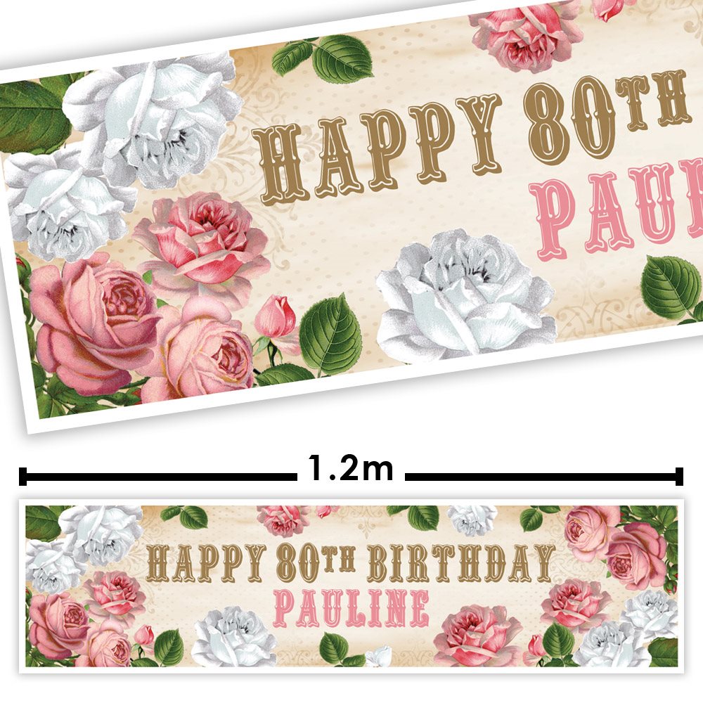 Floral birthday banner with 'Happy 80th Birthday Pauline' text, featuring pink and white flowers on a beige background.