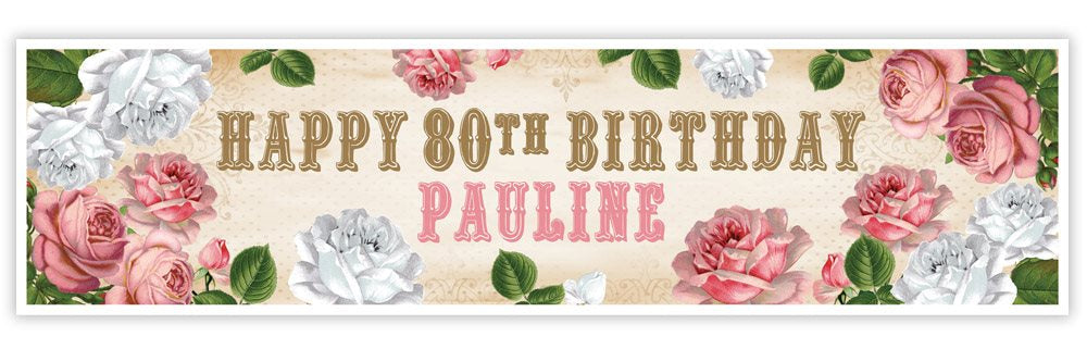 Happy 80th Birthday Pauline banner with floral design