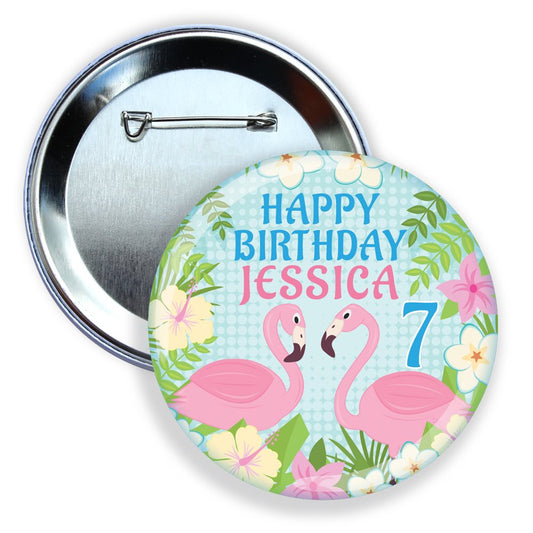 Button badge with flamingo design and 'Happy Birthday Jessica 7' text on a white background