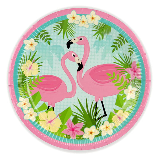 Round paper plate with pink flamingo design on a white background
