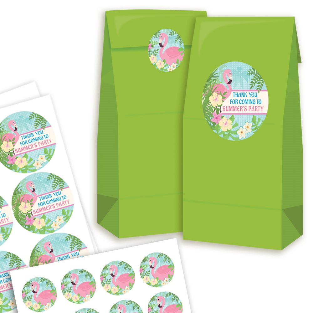 Green party favor bags with flamingo-themed stickers on a white background