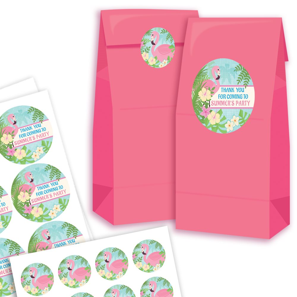 Pink party bags with flamingo-themed stickers on a white background