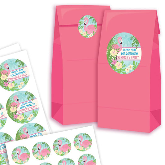 Pink party bags with flamingo-themed stickers on a white background