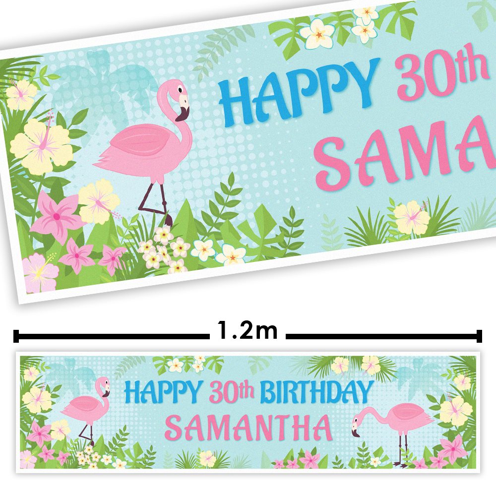 Happy 30th birthday banner with flamingo design and measurement label