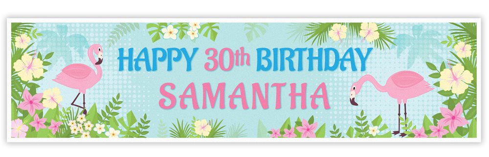 Happy 30th Birthday banner with flamingos and flowers on a blue background
