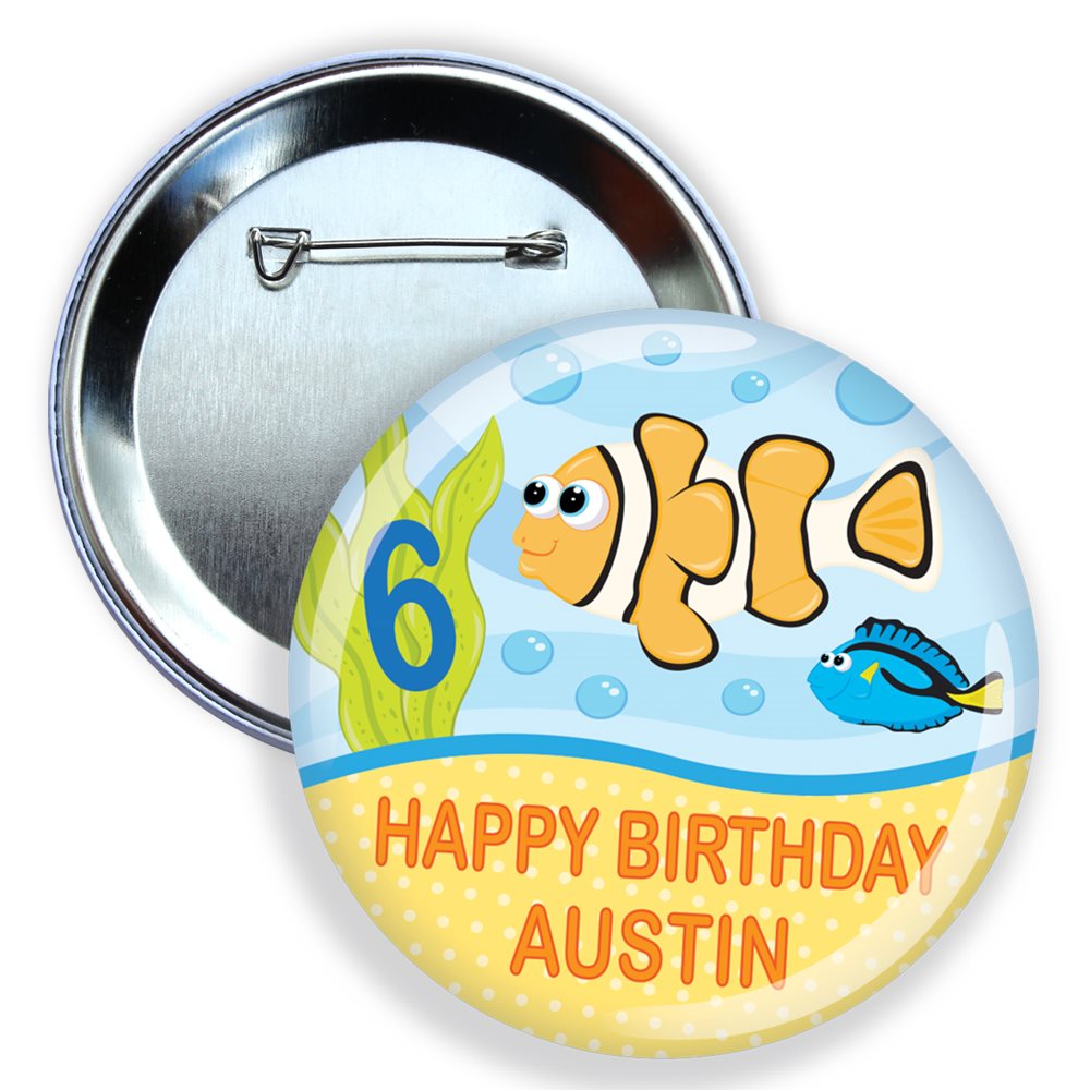 Button badge with clownfish design and 'Happy Birthday Austin' text on a white background