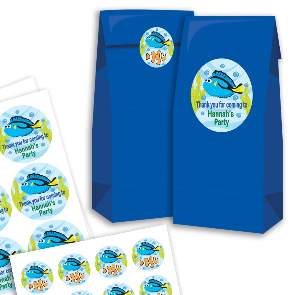 Blue party favour bags with fish-themed stickers on a white background
