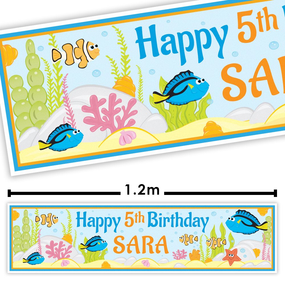 Underwater-themed birthday banner with fish and coral, personalized for Sara's 5th birthday.