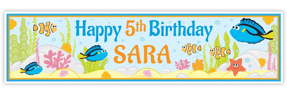 Birthday banner with undersea theme and text 'Happy 5th Birthday Sara' on a blue background.