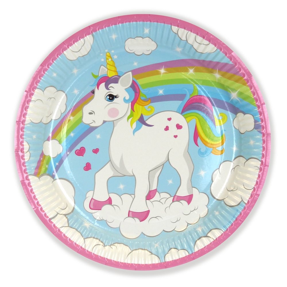 Unicorn-themed paper plate with a rainbow and clouds on a blue background