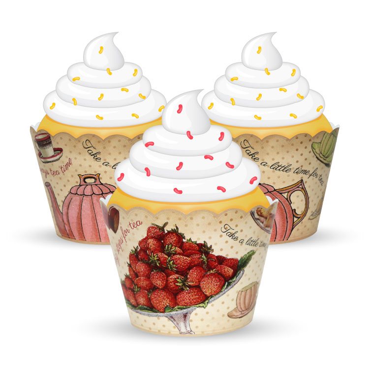 Cupcake-shaped containers with strawberry design and whipped cream on a white background