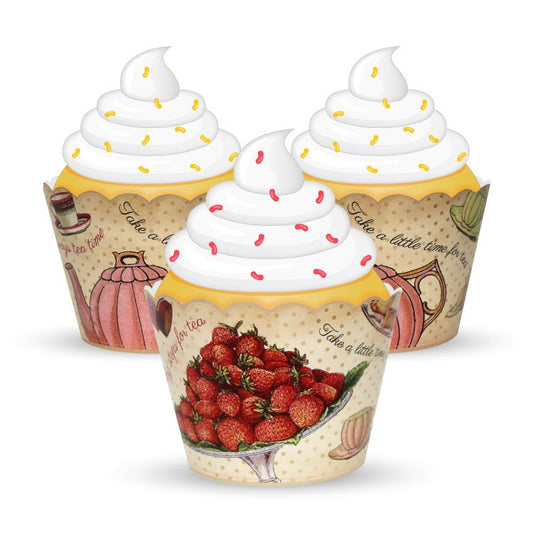 Cupcake-shaped containers with strawberry design and whipped cream on a white background