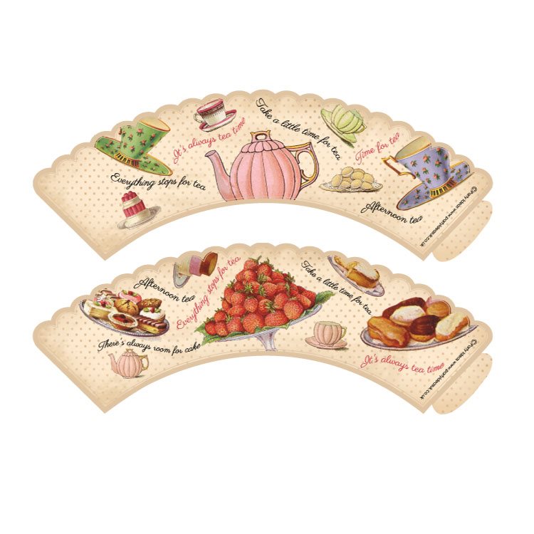 Two decorative tea-themed cake wrappers with illustrations of teapots, strawberries, and cakes on a white background.