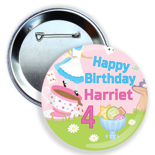Round birthday button badge with unicorn design and text 'Happy Birthday Harriet 4'.