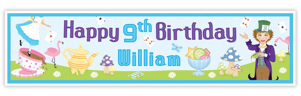 Birthday banner with colorful graphics and text for a 9th birthday celebration.