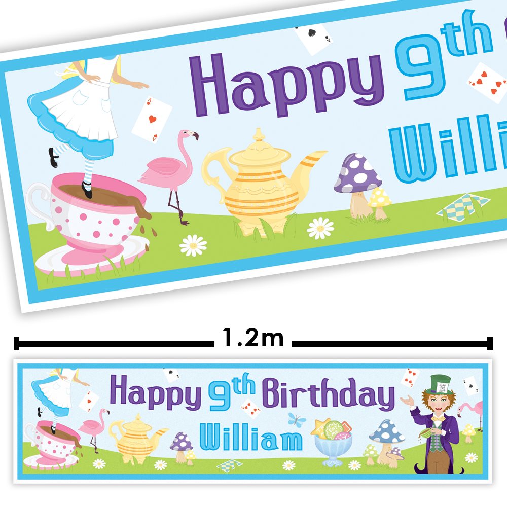 Personalized birthday banner with cartoon characters and text on a white background