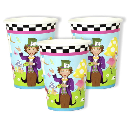 Three colorful paper cups with a Mad Hatter design on a white background