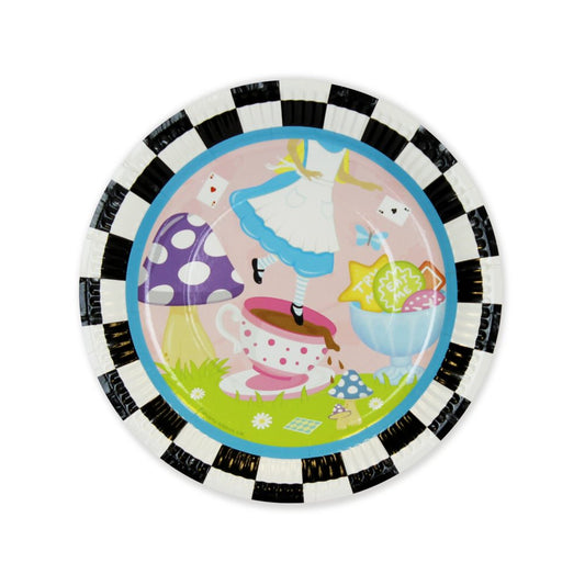 Colourful paper plate with a cartoon character and checkered border on a white background