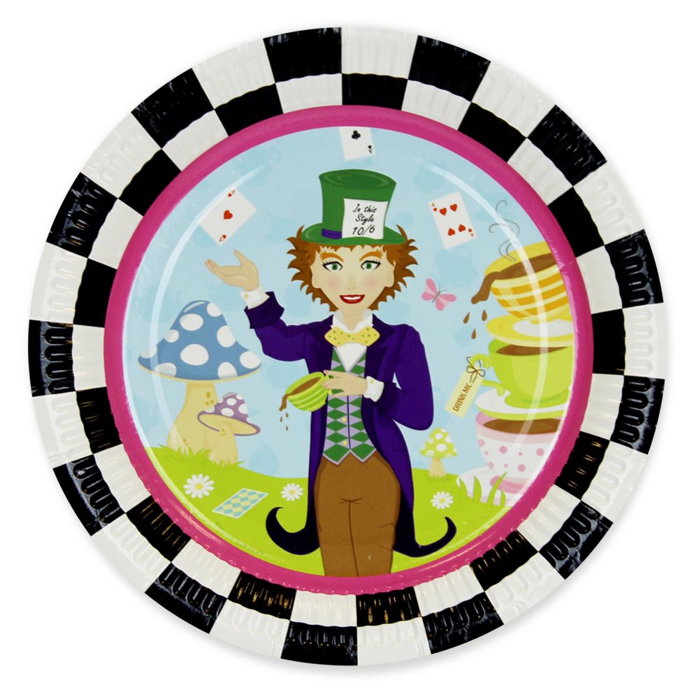 Decorative plate with a character in a purple suit and top hat on a checkered border
