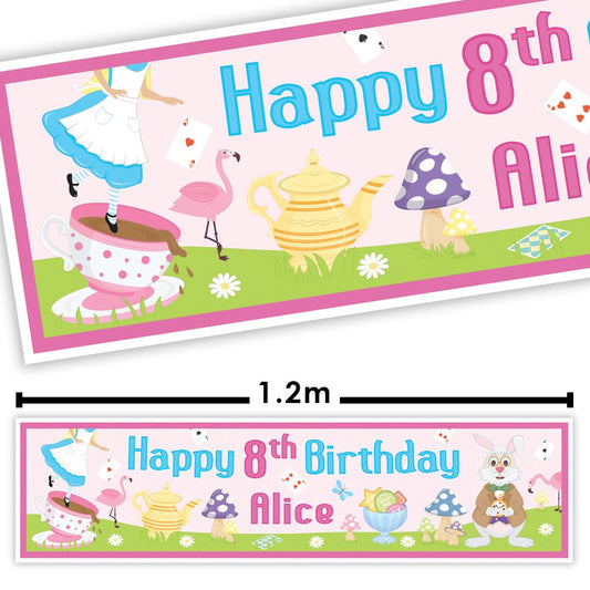 Birthday banner with colourful design and text 'Happy 8th Birthday Alice' on a white background.