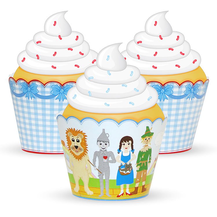 Cupcake wrappers with characters from 'The Wizard of Oz' on a white background