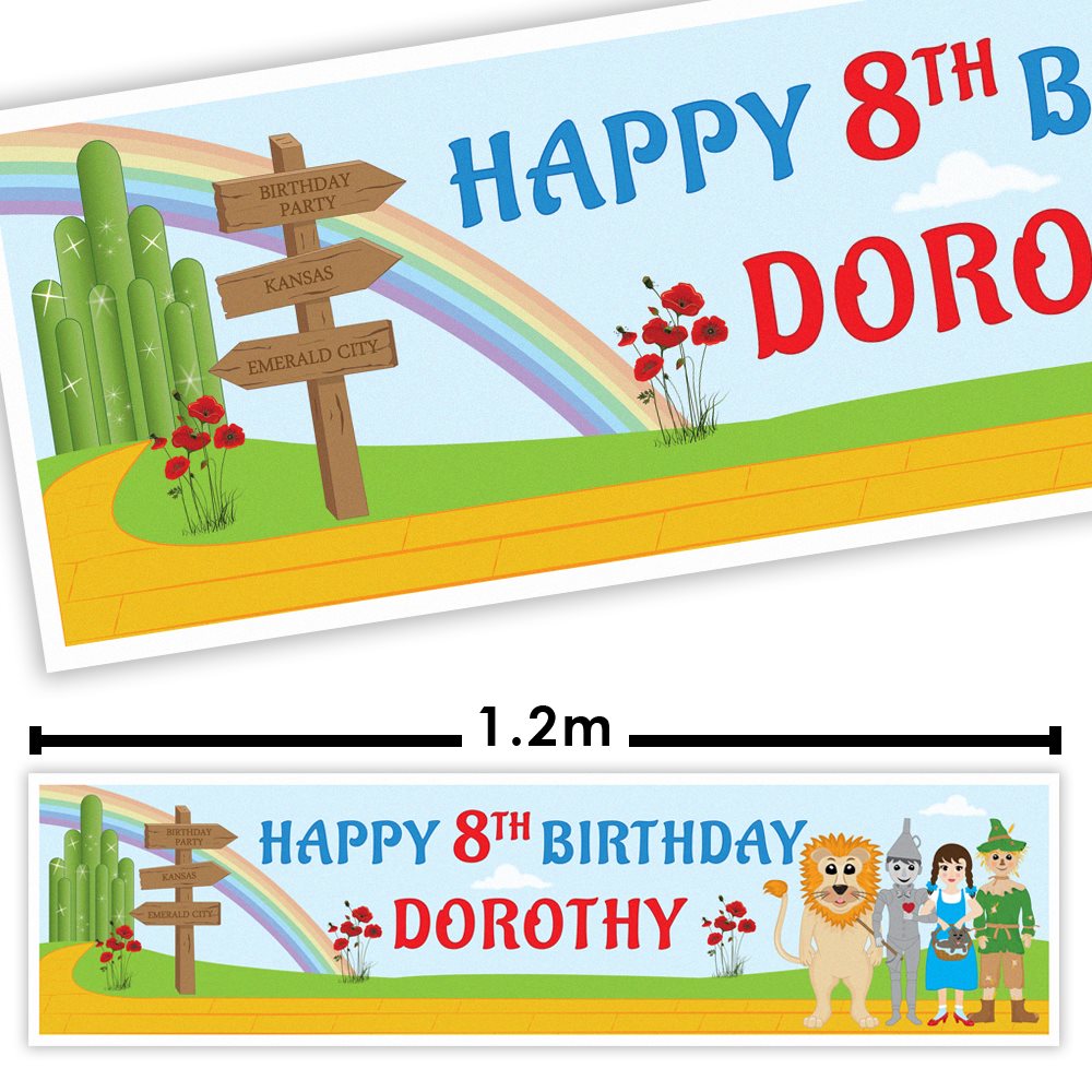 Birthday banner with colorful design featuring rainbow, signpost, and characters on a white background.