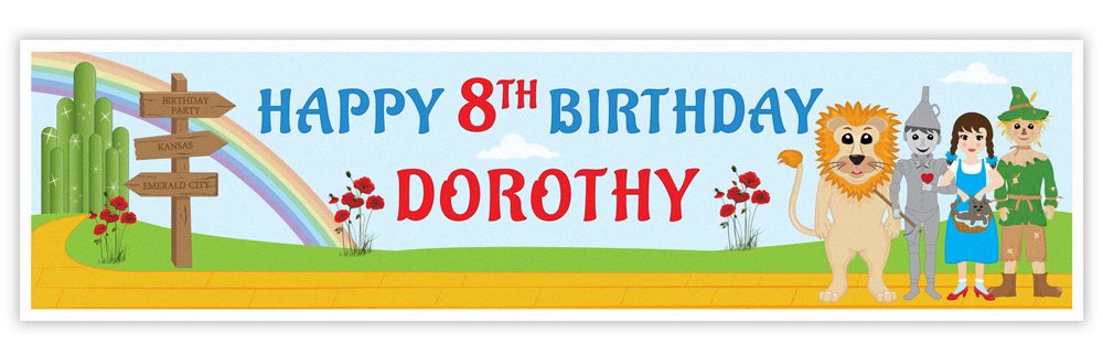 Birthday banner with characters from 'The Wizard of Oz' for a 8th birthday celebration.