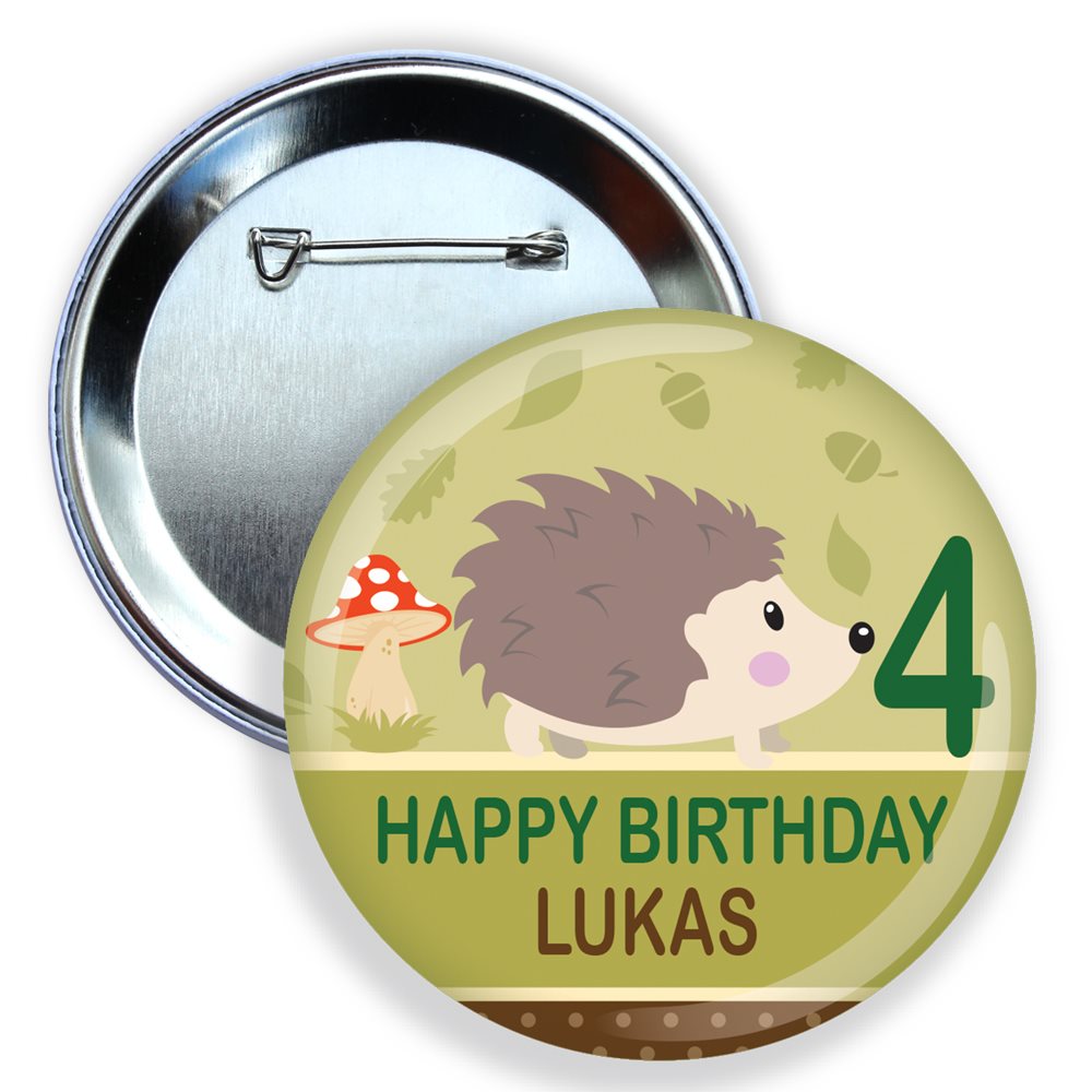 Round button badge with a hedgehog and mushroom design, featuring 'Happy Birthday Lukas' text.