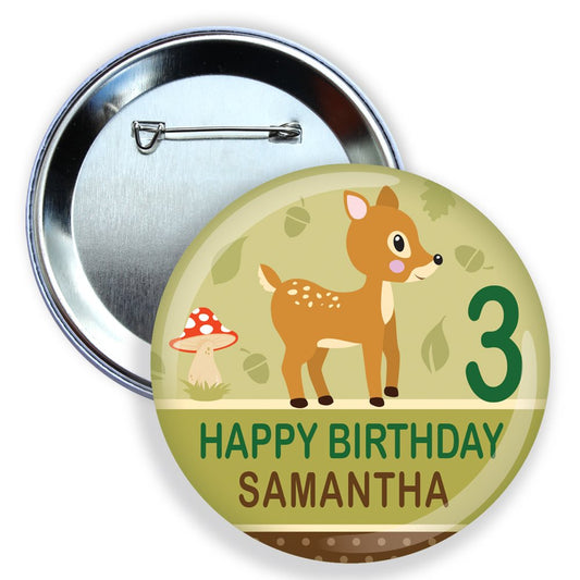 Round birthday button with a deer illustration and text 'Happy Birthday Samantha 3' on a green background.