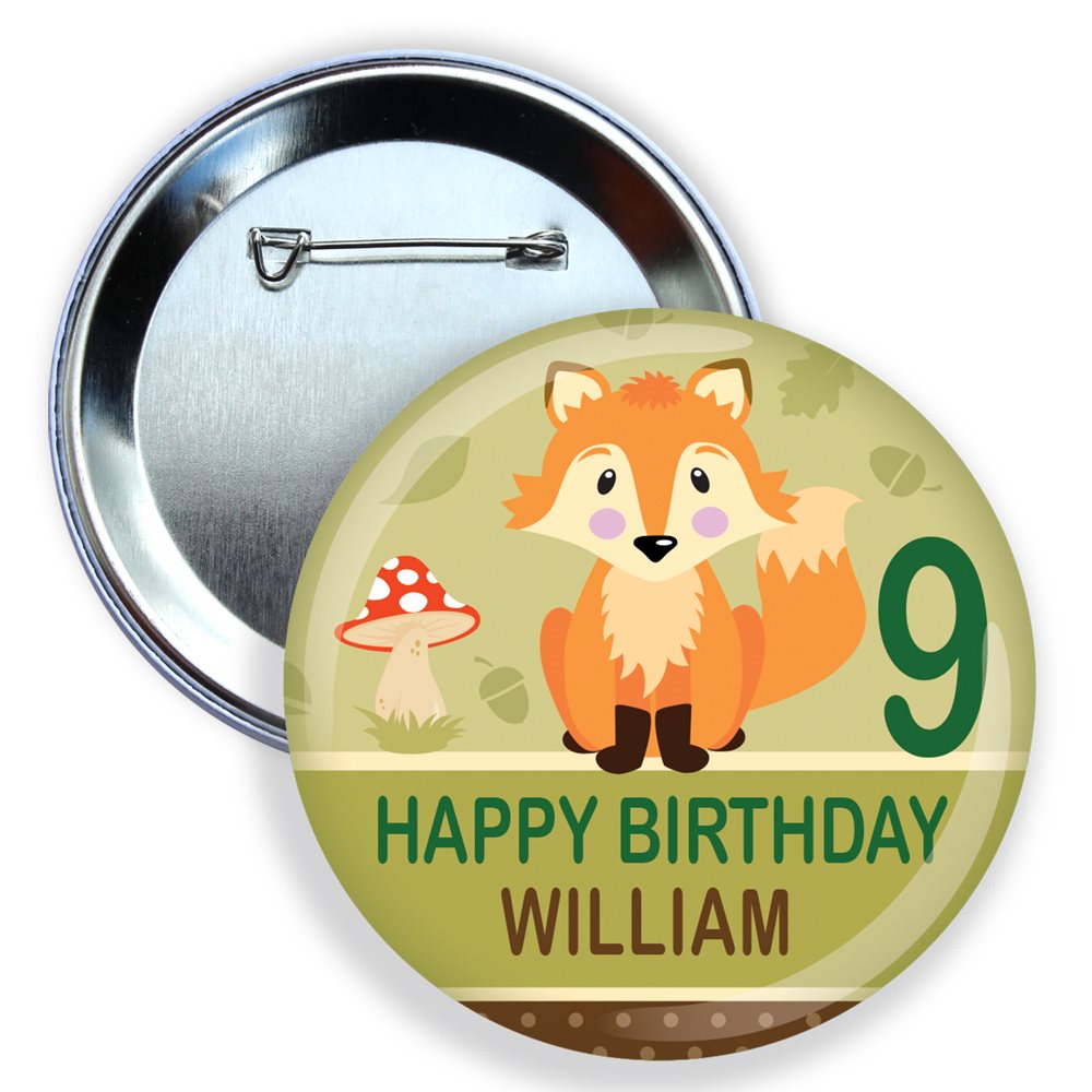 Round button badge with a fox design and 'Happy Birthday William' text on a green background