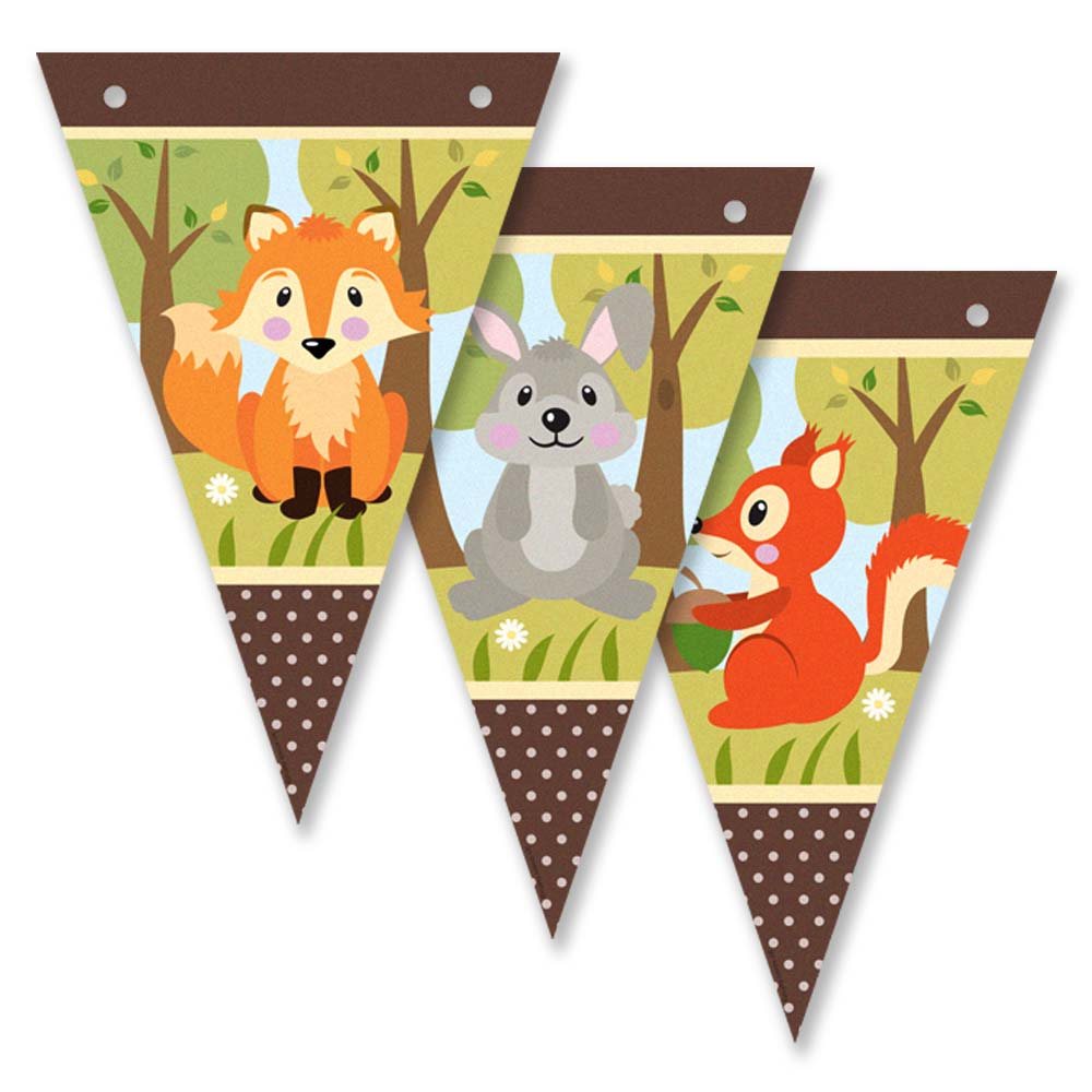 Woodland animal-themed banner with fox, rabbit and squirrel on a white background