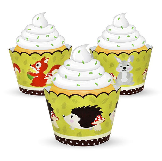 Three cupcake wrappers with animal designs on a white background