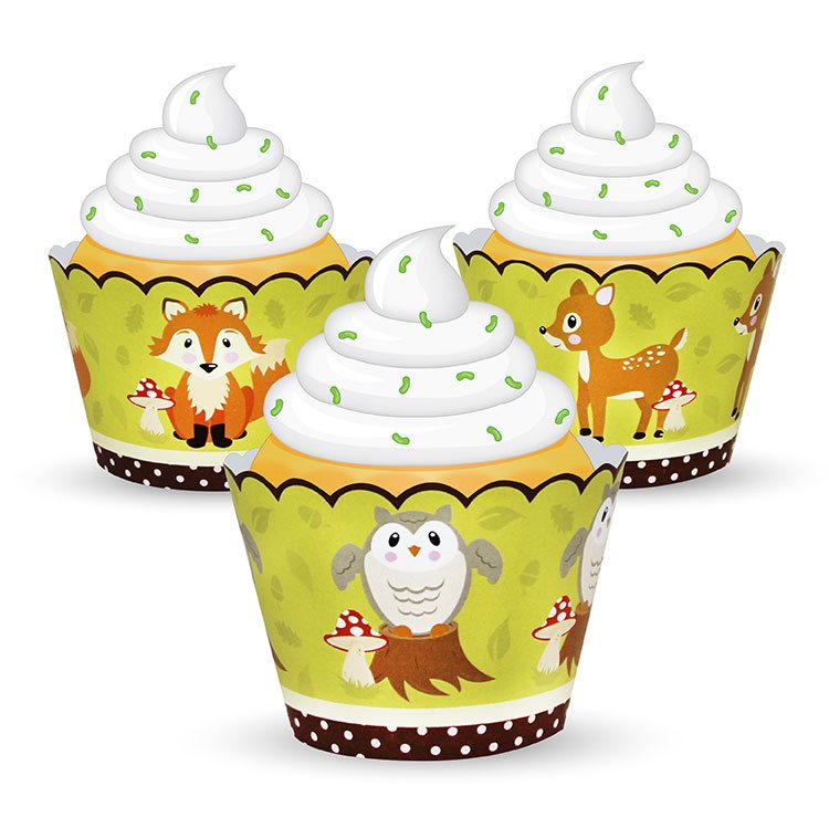 Three cupcakes with animal-themed cupcake liners on a white background
