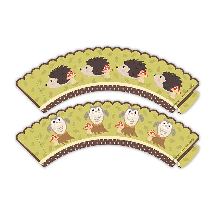 Two paper cupcake wrappers with hedgehog and sheep designs on a white background