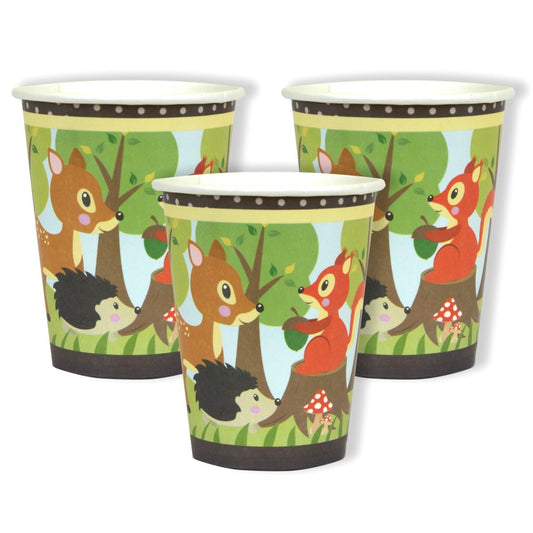 Three paper cups with forest animal design on a white background